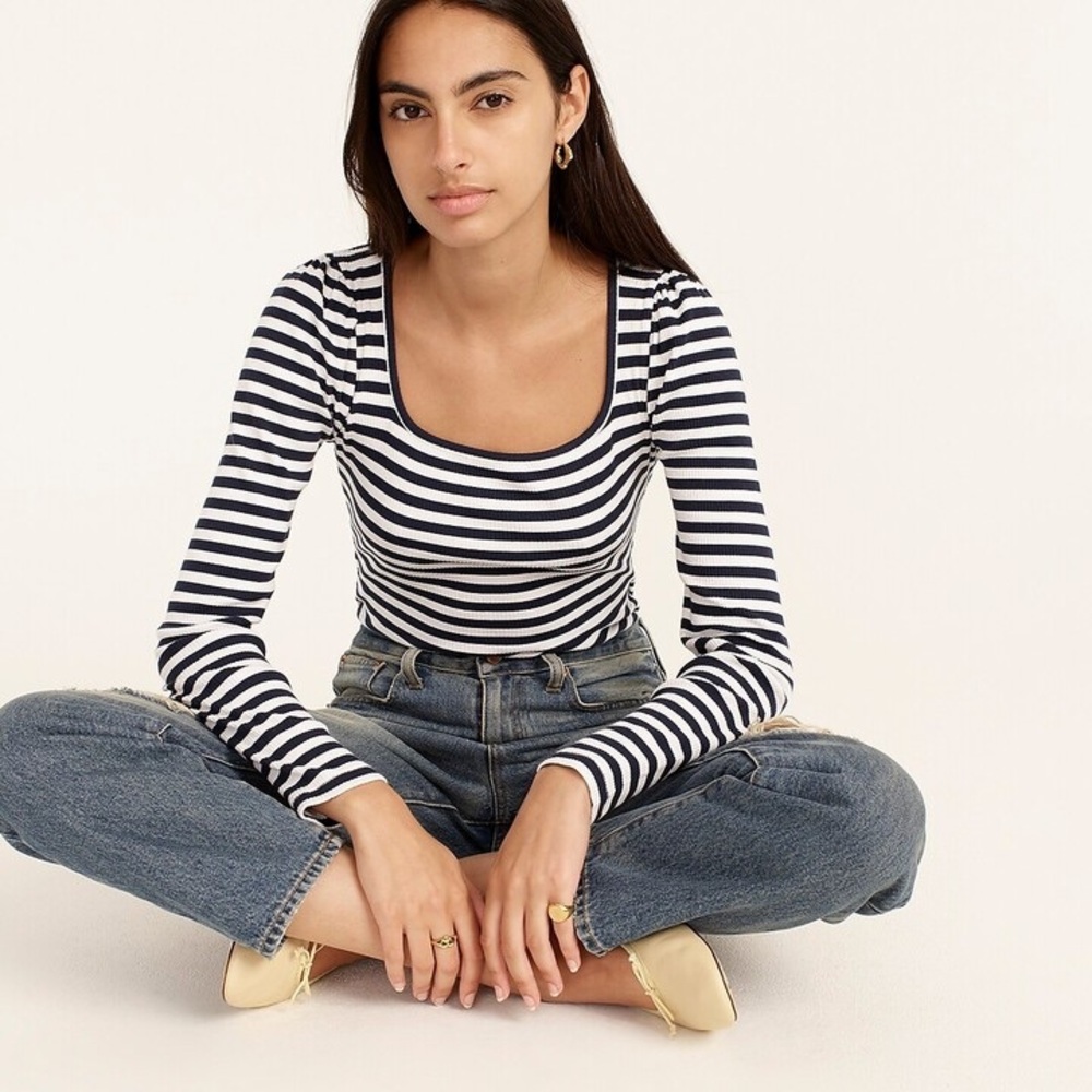 J.Crew Ribbed Stretch Cotton Square Neck Striped Top Long Sleeve Size L